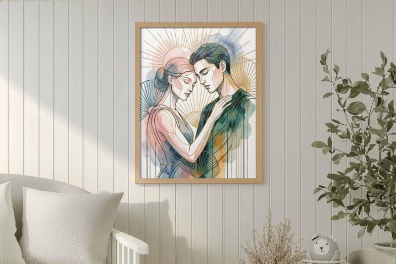 Tranh Line Art Đôi Tình Nhân Trang Trí Phòng Ngủ Hiện Đại mockup