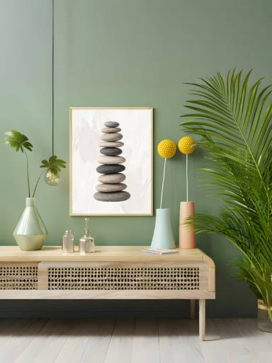 Tường đá tròn xếp chồng tối giản mockup