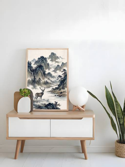 Hươu vàng và sông núi hùng vĩ mockup