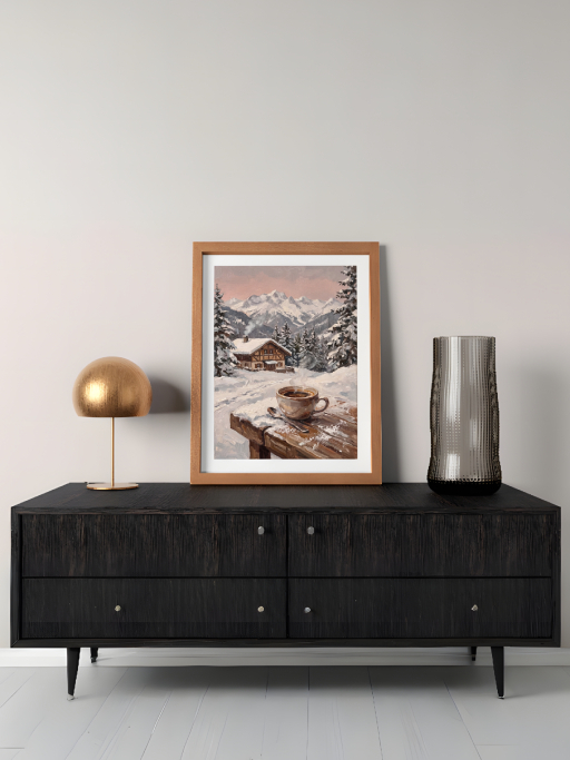 Phong cảnh mùa đông tuyết rơi và tách cà phê ấm áp mockup