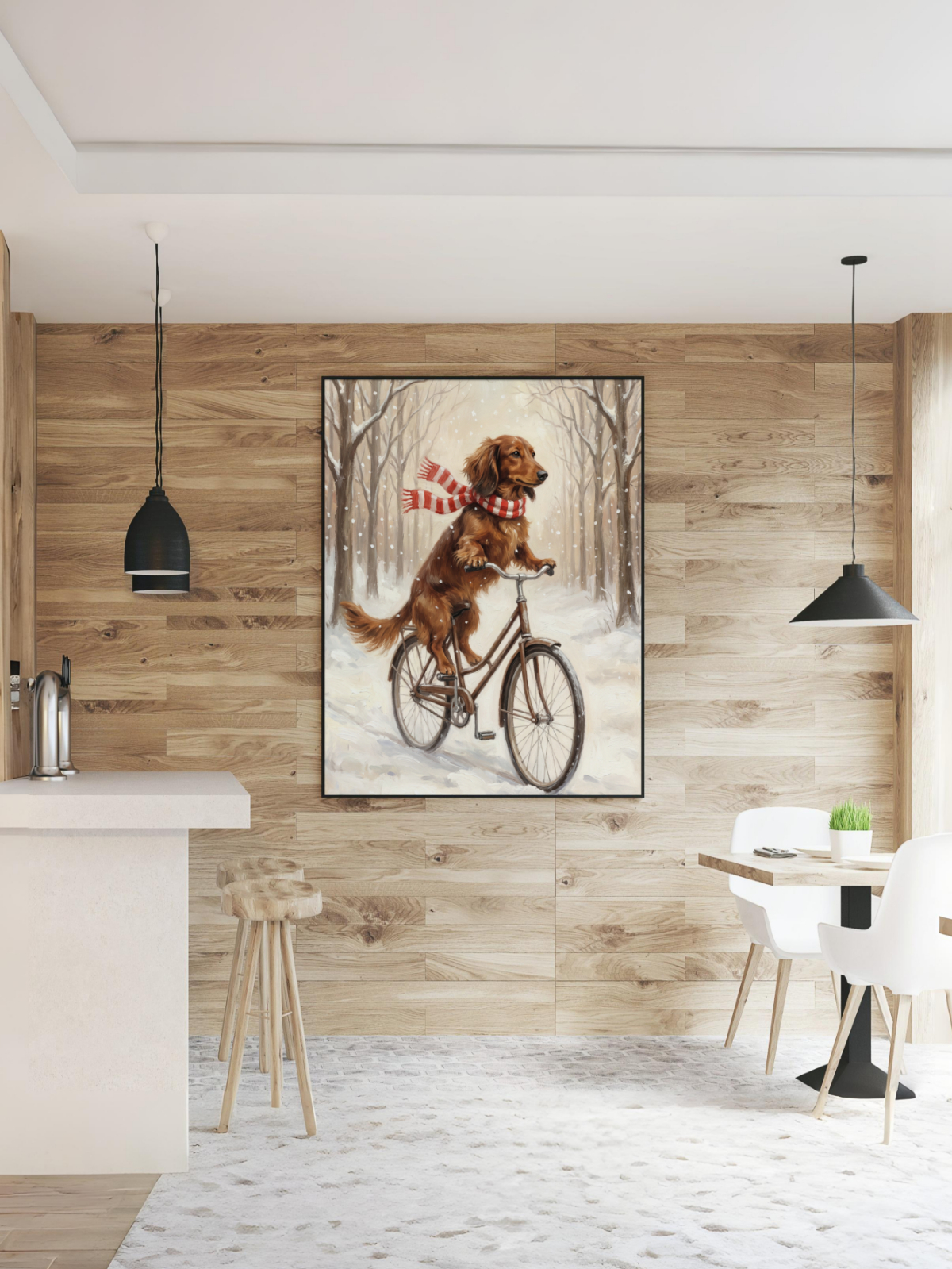 Chú chó Dachshund đạp xe trong mùa đông mockup