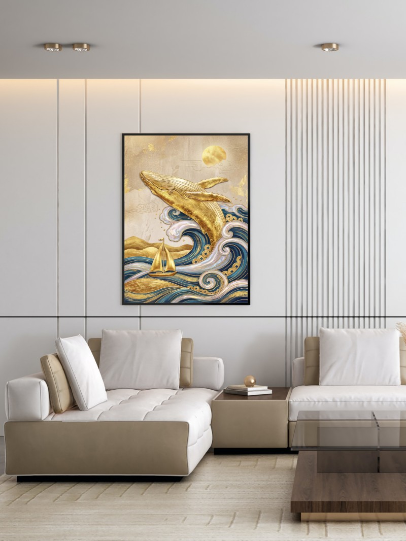 Tranh Cá Voi Vàng Tài Lộc Hiện Đại - Nghệ Thuật Phong Thủy Sang Trọng mockup
