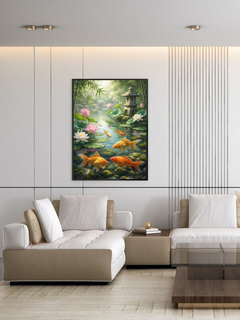 Tranh Đàn Cá Vàng Hồ Sen Tài Lộc Phong Thủy Hiện Đại mockup