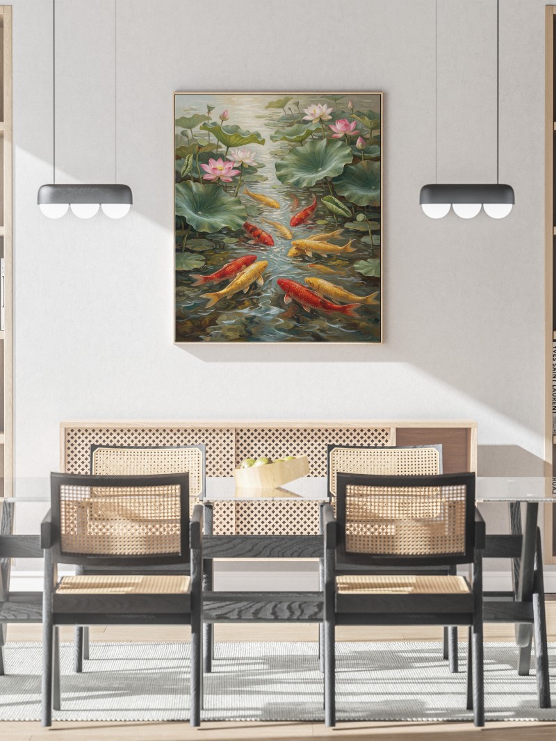 Tranh Cửu Ngư Quần Hội Đầm Sen Hiện Đại Chân Thực Cao Cấp mockup