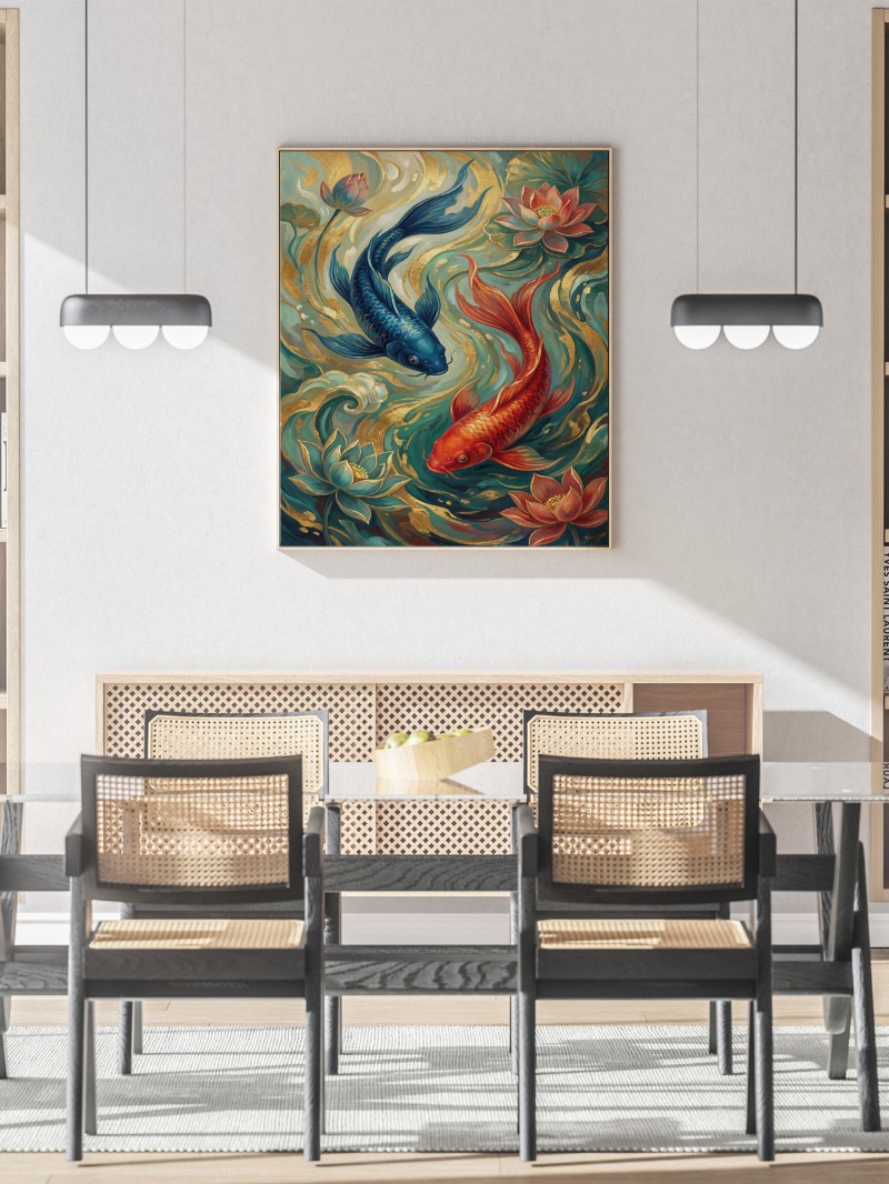 Tranh Hai Chú Cá Xanh Đỏ Phong Thủy Tài Lộc Hiện Đại Cao Cấp mockup