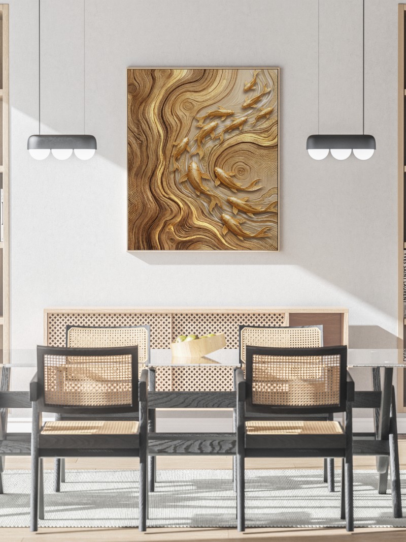 Tranh Đàn Cá Chép Vàng Trên Nền Vân Gỗ Tài Lộc Hiện Đại mockup