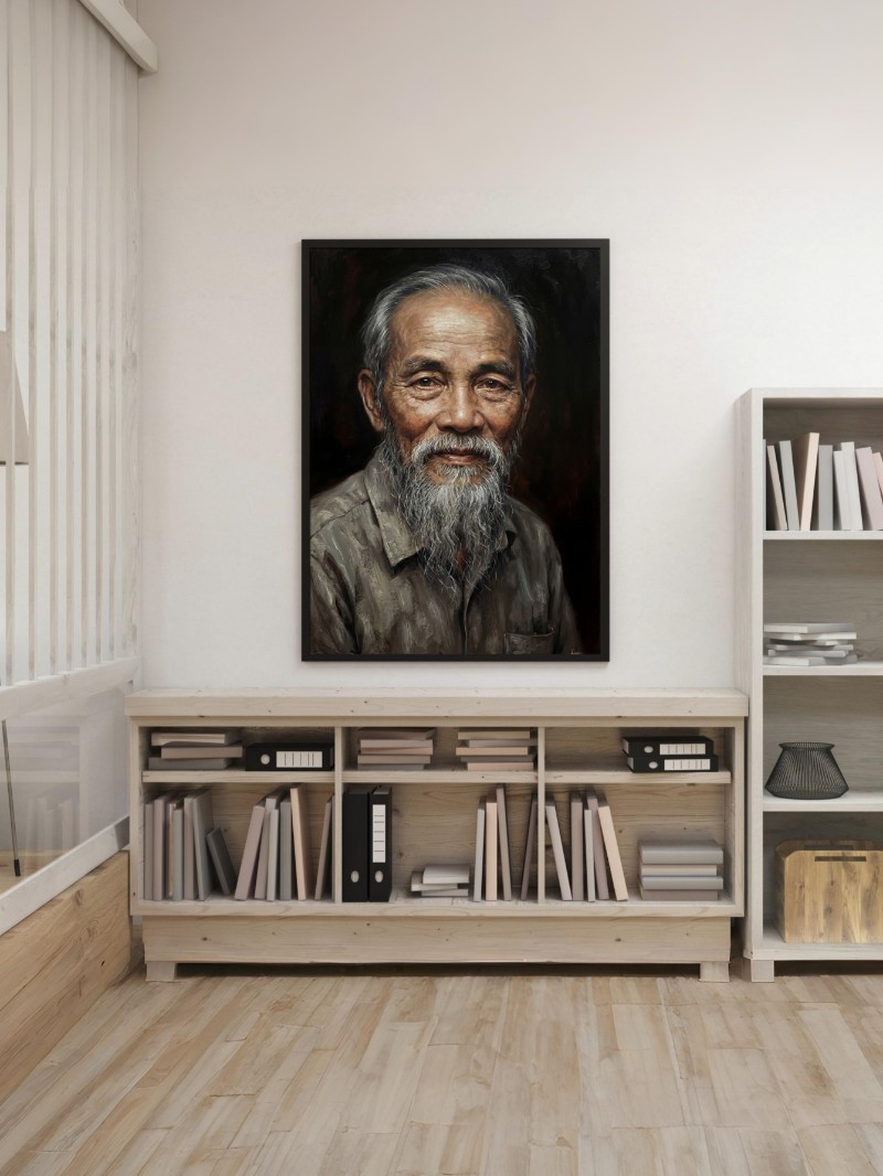 Tranh treo tường chân dung Bác Hồ trang trí phòng làm việc sang trọng và ý nghĩa mockup