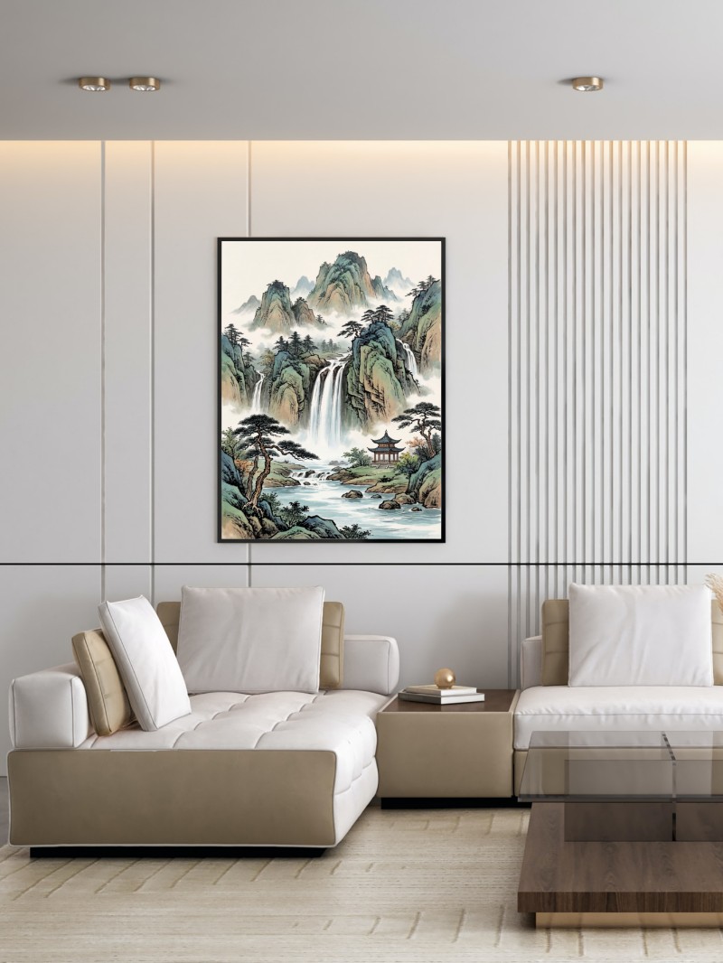 Tranh Phong Thủy Thác Nước Tự Nhiên - Nét Vẽ Tay Nghệ Thuật Sống Động mockup