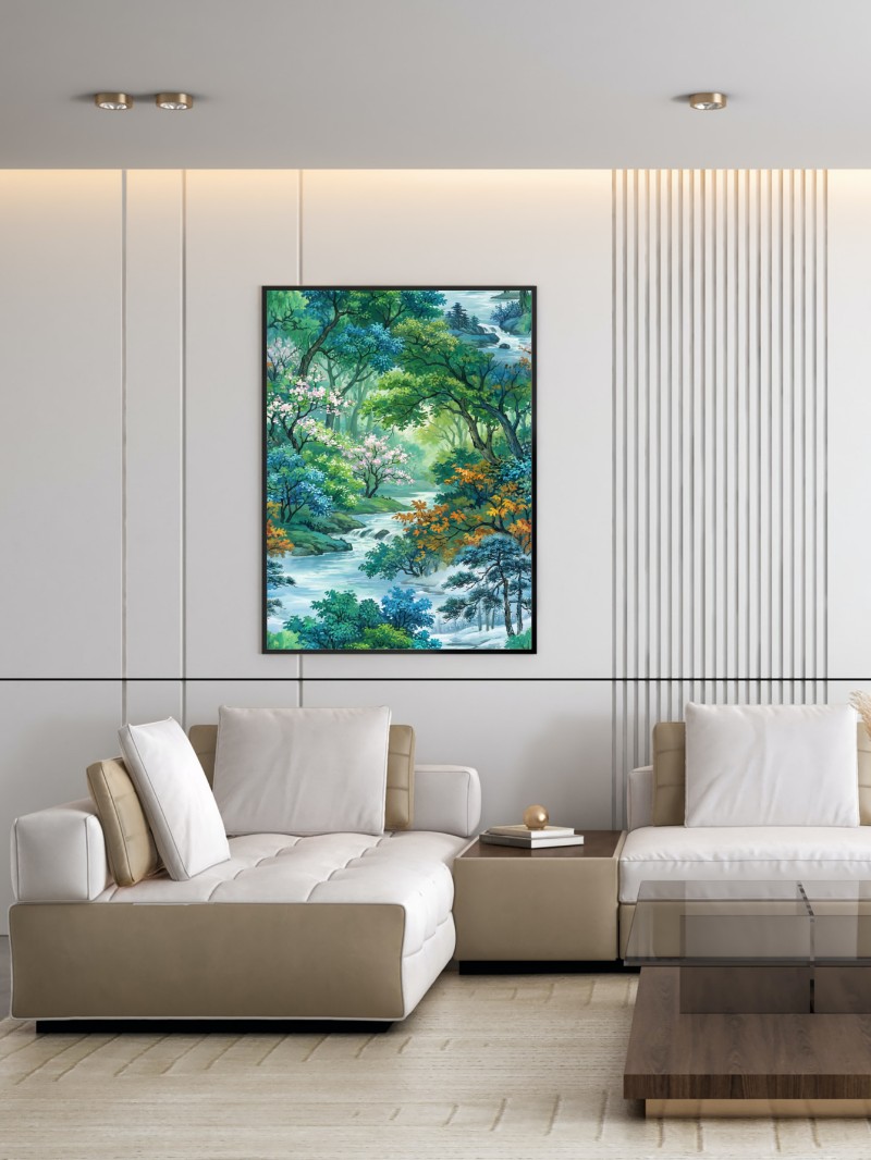 Tranh Rừng Cây Bốn Mùa Phong Thủy Mệnh Mộc - Nghệ Thuật Vẽ Tay mockup