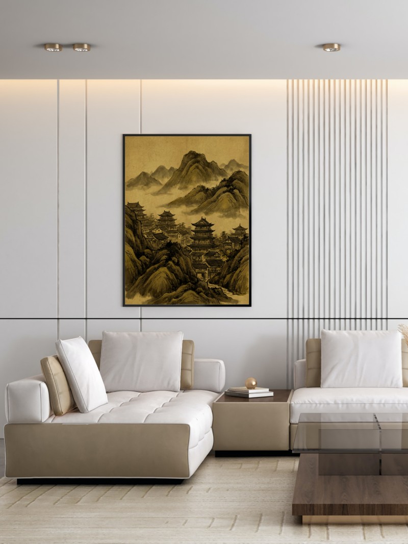 Tranh Phong Thủy Núi Non Phố Cổ - Sắc Vàng Hưng Thịnh Cho Mệnh Thổ mockup