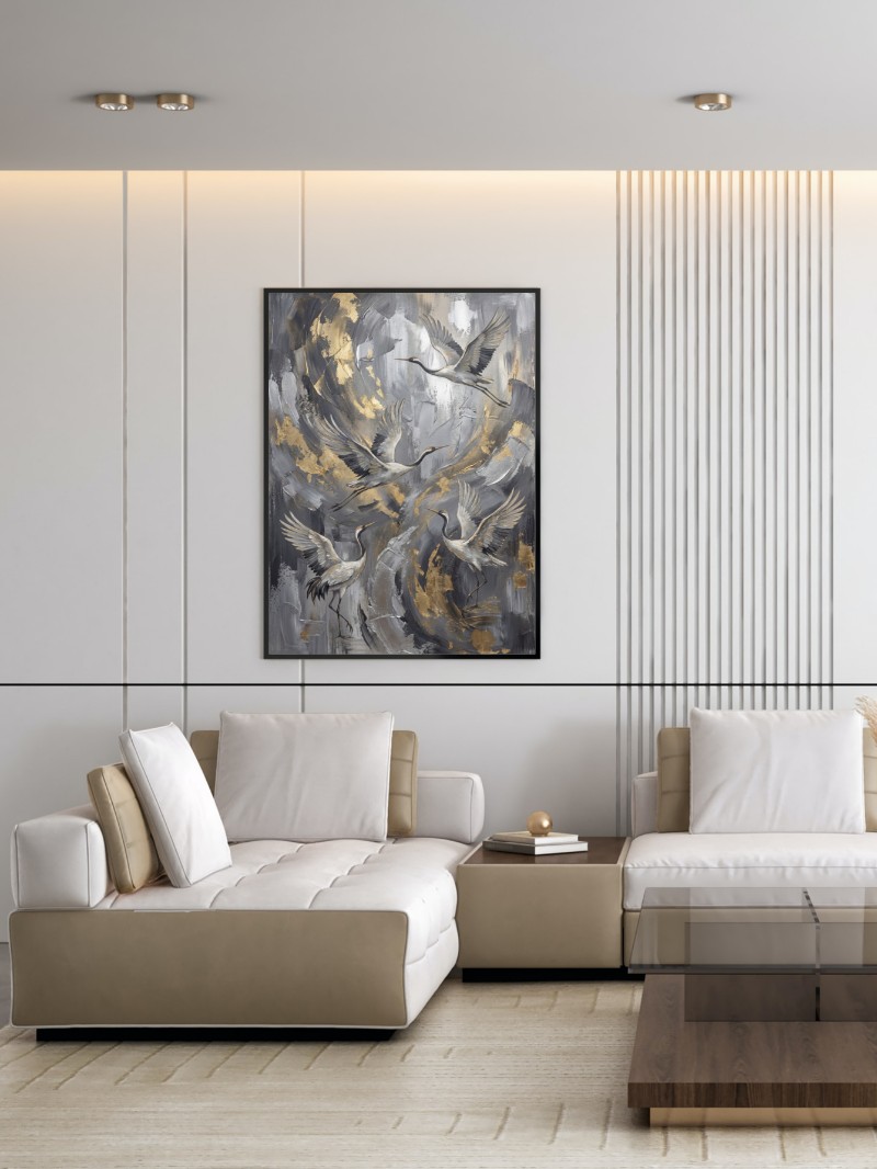 Tranh Chim Hạc Trừu Tượng Ánh Kim Xám Bạc Cho Người Mệnh Kim mockup