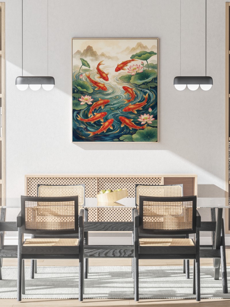 Tranh Cửu Ngư Quần Hội Cao Cấp - Biểu Tượng Tài Lộc Thịnh Vượng mockup