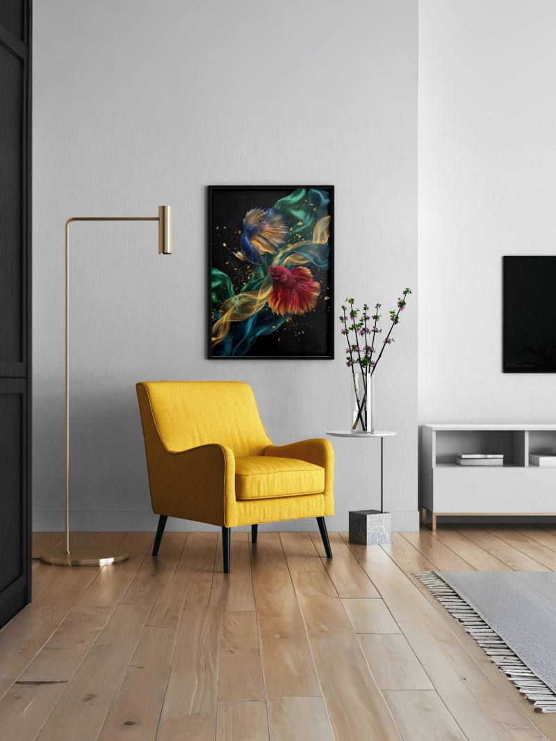 Tranh Đôi Cá Và Vải Lụa Cao Cấp - Nghệ Thuật Sang Trọng Độc Bản mockup