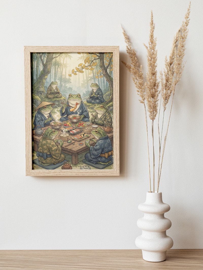 Tranh Chú Ếch Thiền Bên Bàn Tiệc - Nghệ Thuật Tĩnh Tại & Thịnh Vượng mockup