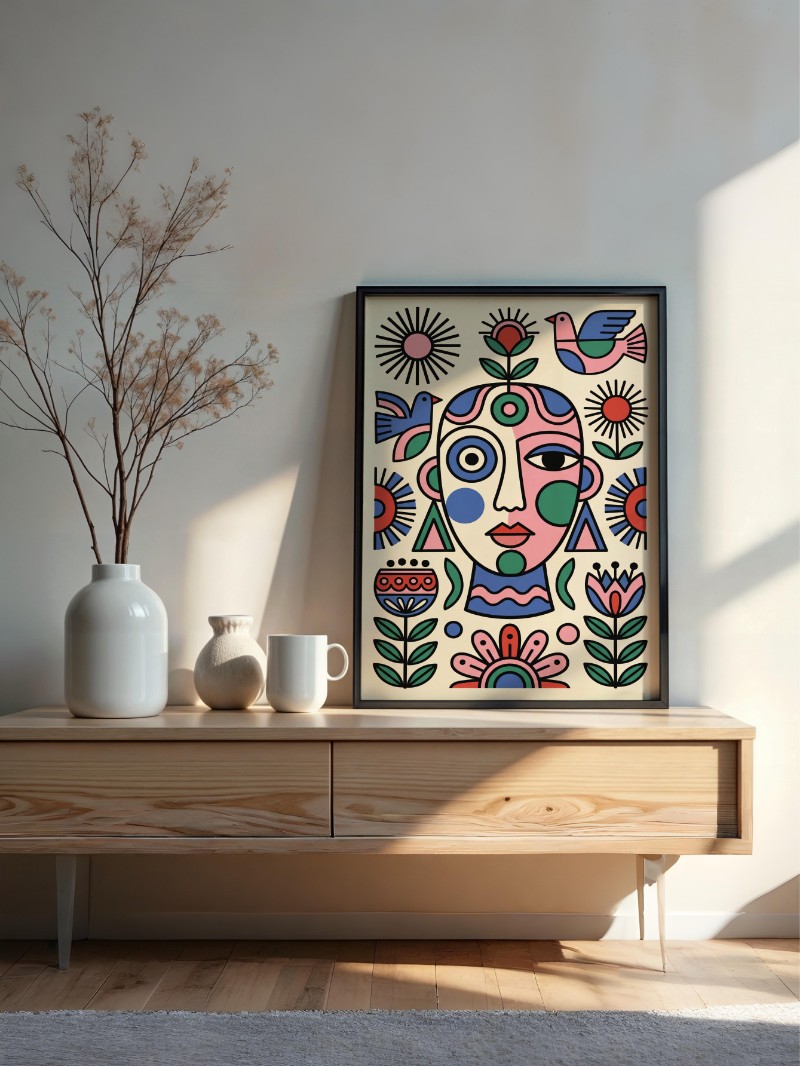 Tranh Tối Giản Gương Mặt Dân Gian - Nghệ Thuật Cao Cấp mockup