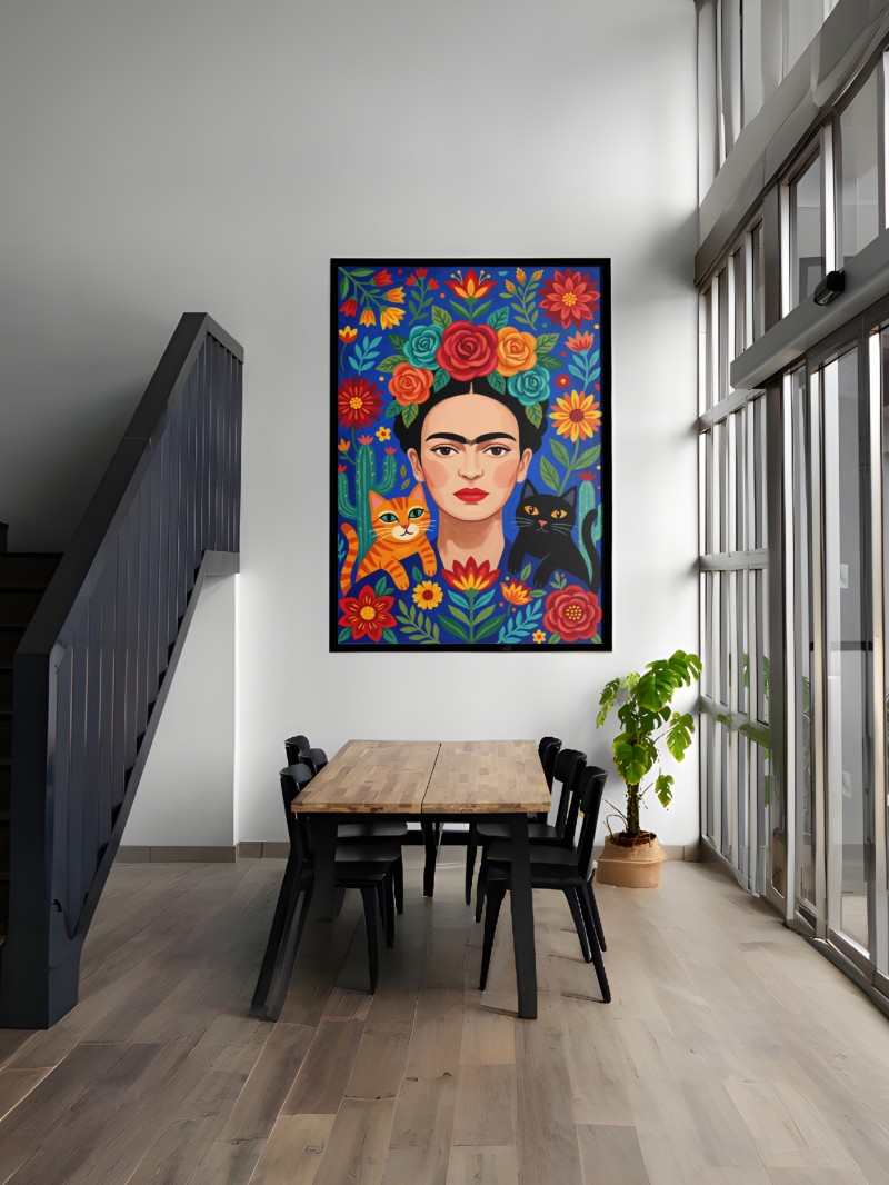 Tranh Mèo Đen Và Hoa Cỏ Mexico Rực Rỡ Tối Giản- Nghệ Thuật Tối Giản Đẳng Cấp mockup