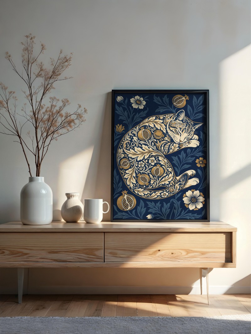 Tranh Mèo Phong Cách William Morris Tối Giản - Nghệ Thuật Sang Trọng mockup