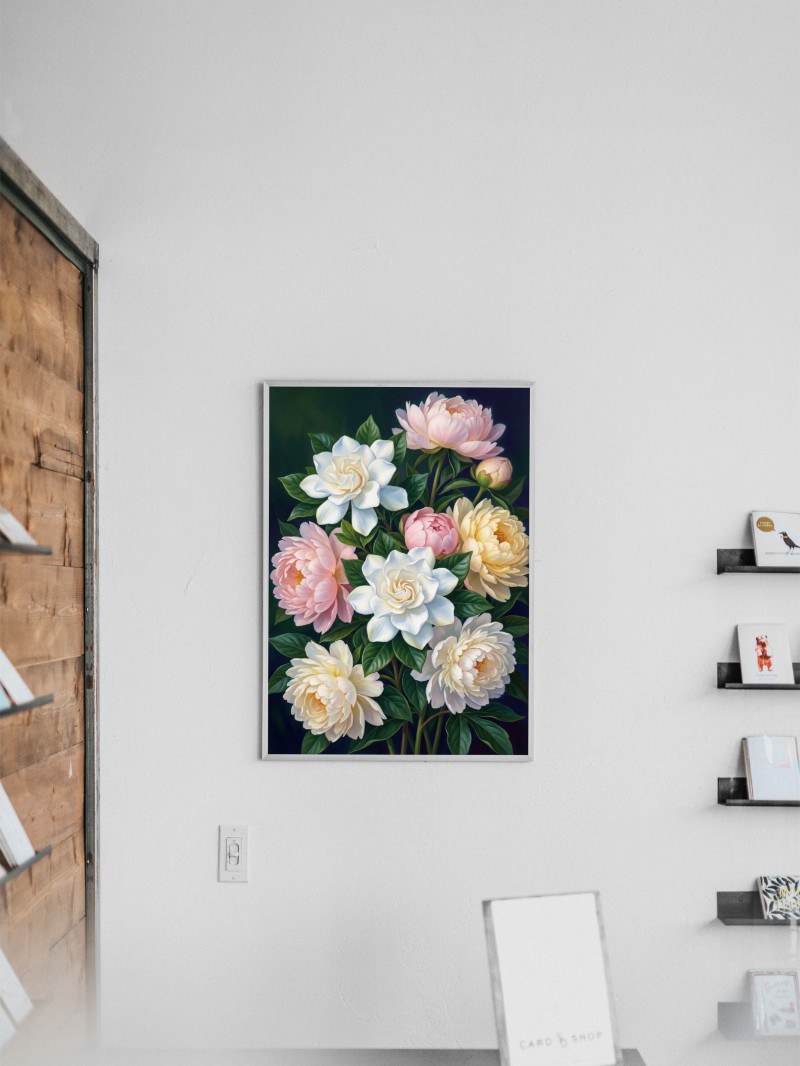 Tranh Hoa Mẫu Đơn Gardenia Trắng Sắc Màu Sang Trọng mockup