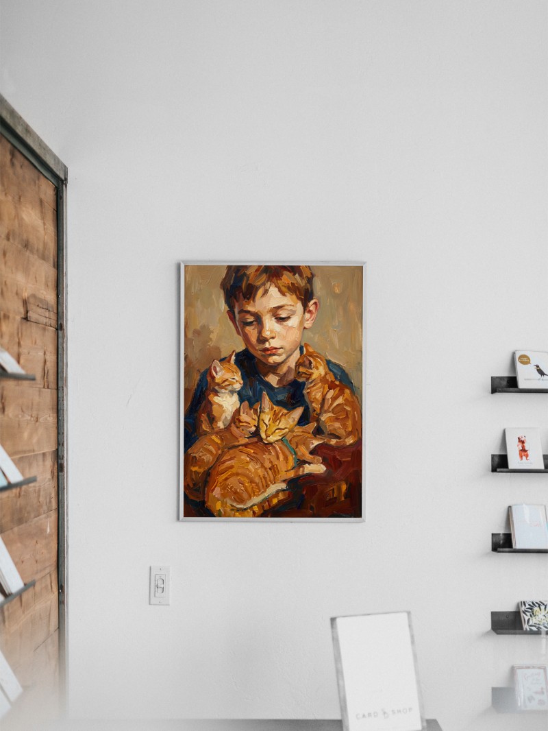 Tranh Chân Dung Cậu Bé Và Những Chú Mèo Cam Trừu Tượng Tối Giản mockup