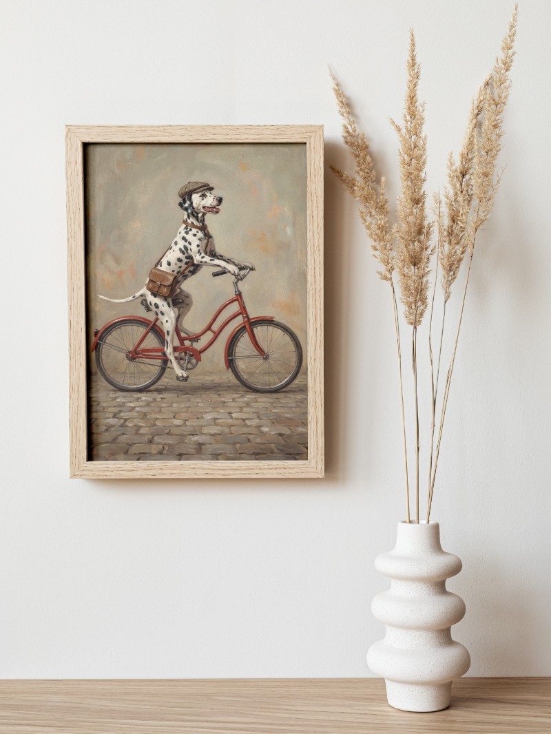 Tranh Chó Đốm Đạp Xe Vintage - Nghệ Thuật Cổ Điển Độc Bản mockup