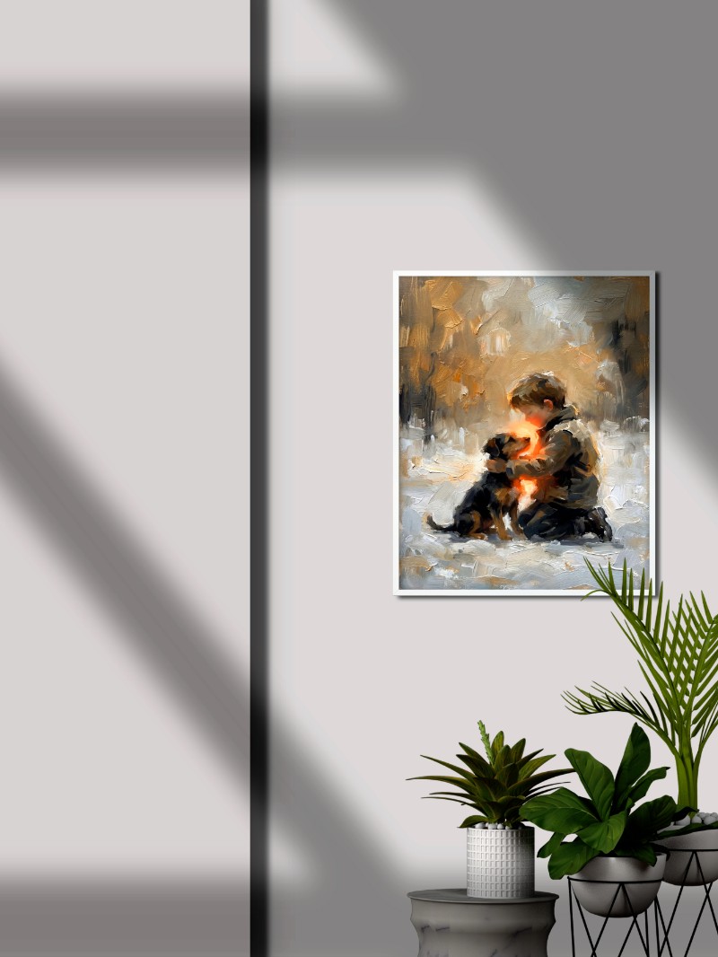 Tranh Trừu Tượng Cậu Bé Và Chú Chó Trong Tuyết - Chạm Vào Yêu Thương mockup