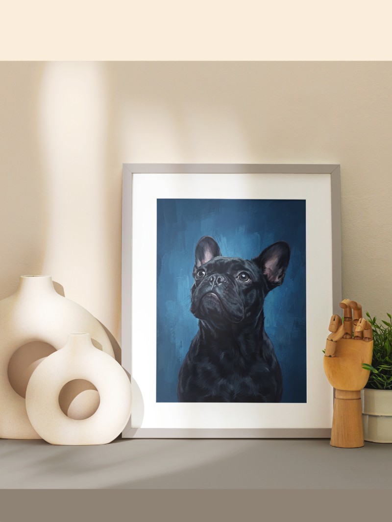 Tranh Chú Chó Frenchie Tối Giản Nền Xanh Dương Sang Trọng mockup