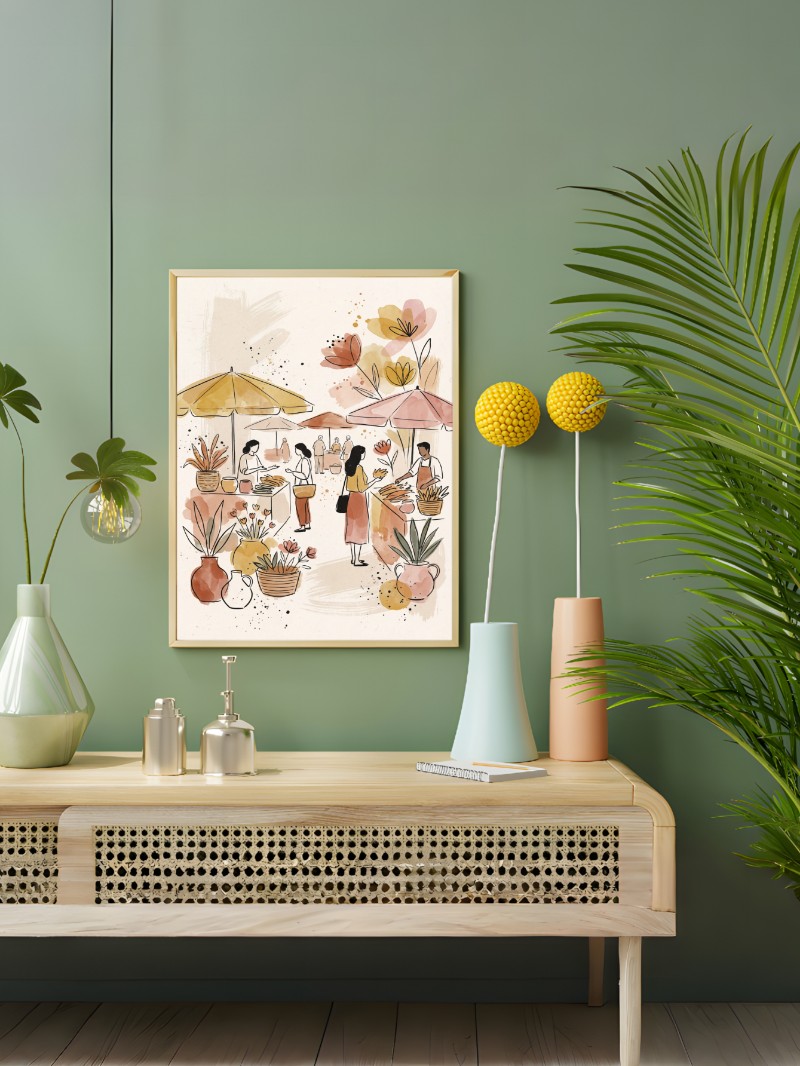 Tranh Chợ Hoa Manama: Vẻ Đẹp Boho Tối Giản Đầy Chất Thơ mockup
