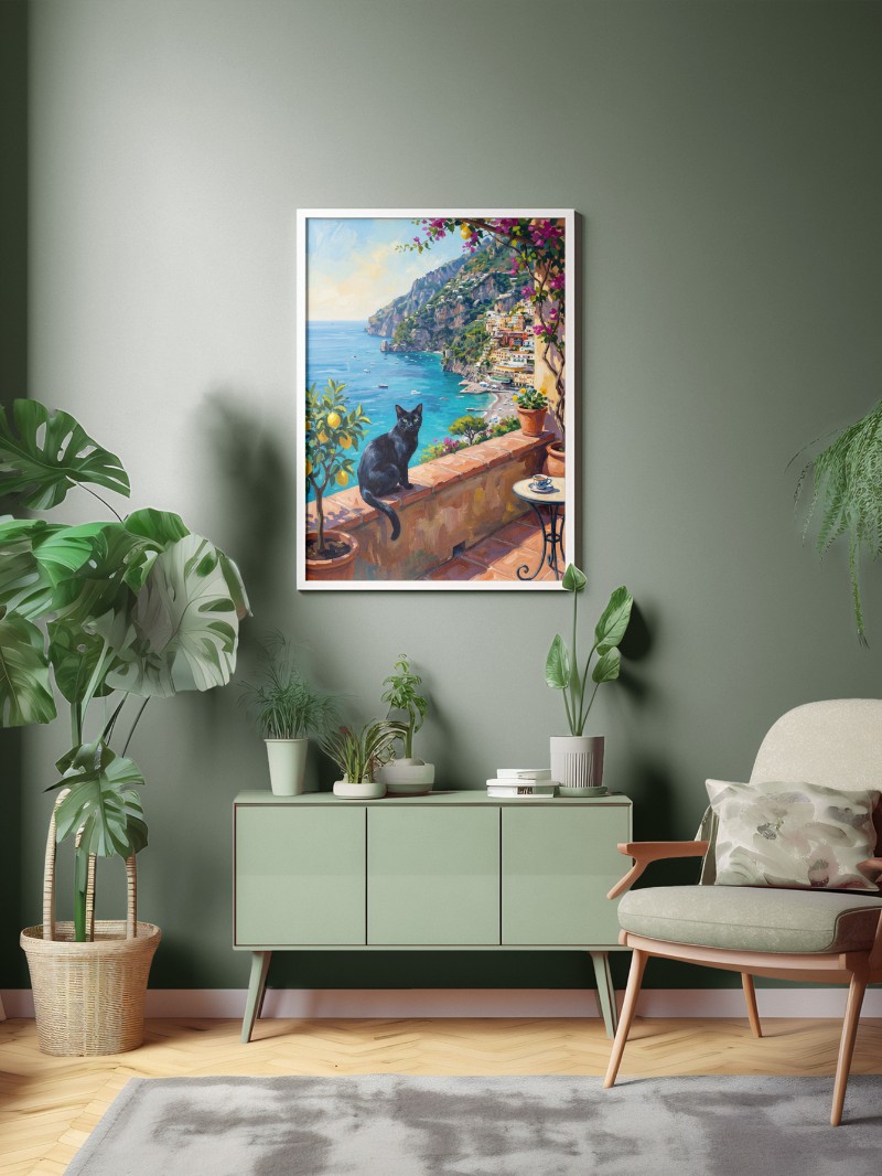 Tranh Mèo Đen Amalfi: Bản Giao Hưởng Xanh Địa Trung Hải mockup