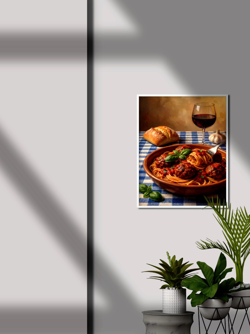 Tranh Sơn Dầu Mì Ý Thịt Viên: Hương Vị Cổ Điển Trong Căn Bếp mockup