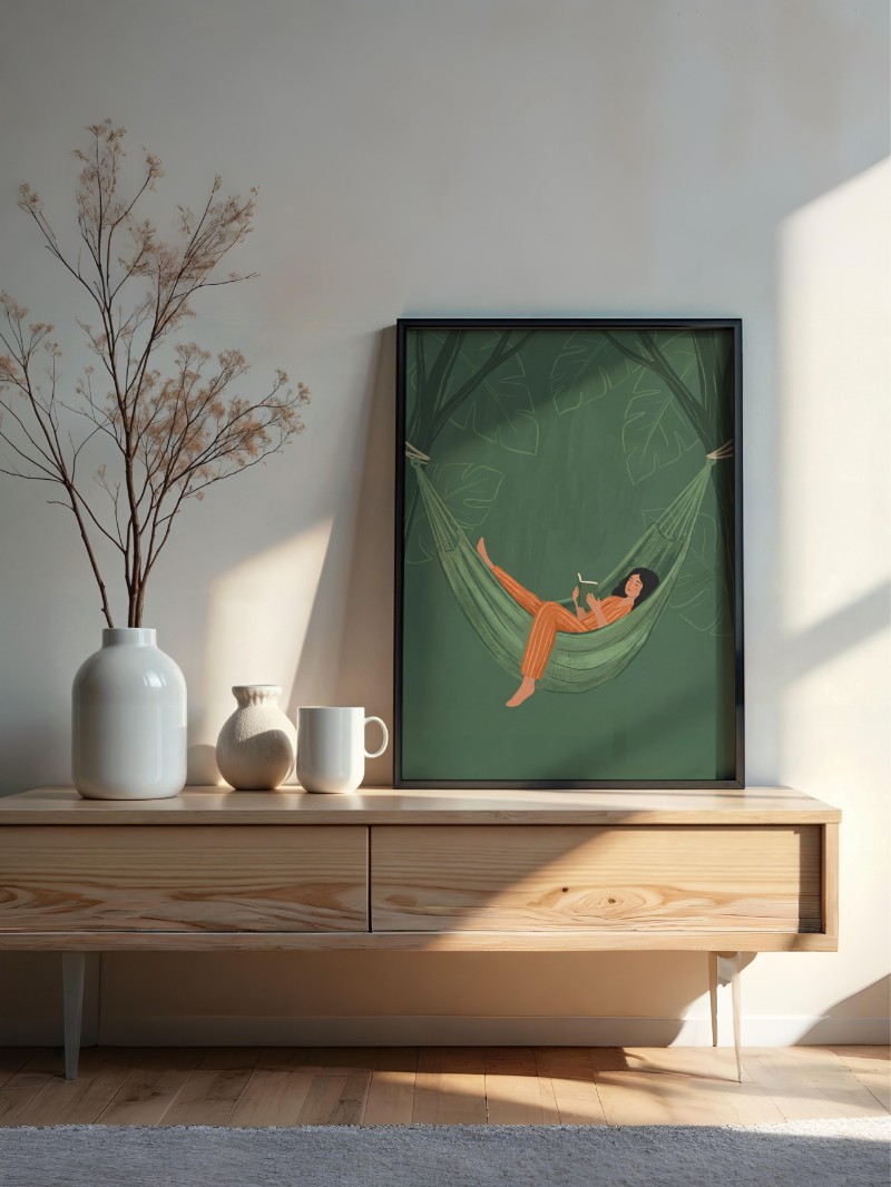 Võng Xanh Yên Bình: Tranh Nghệ Thuật Đu Đưa Giấc Nồng Tĩnh Tại mockup