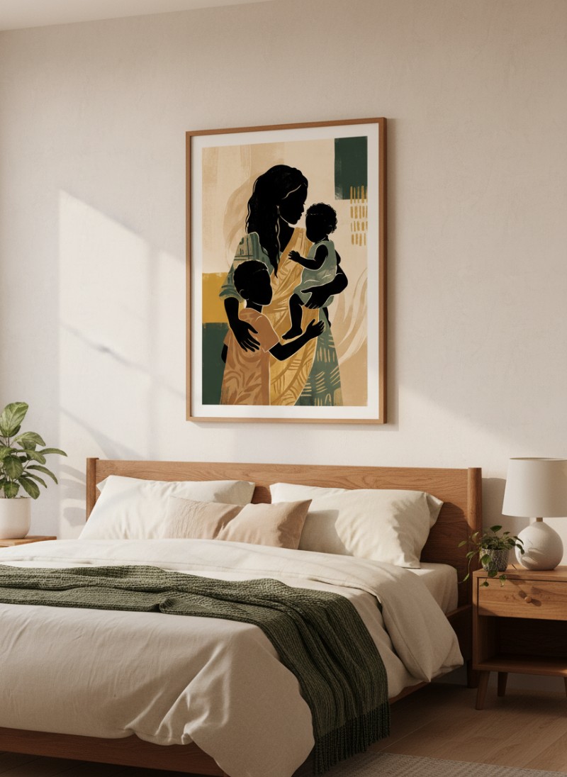 Góc ấm cúng với tranh nghệ thuật trong phòng ngủ mockup