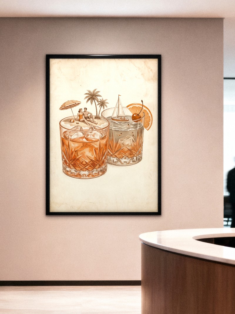 Tranh Vintage Kỳ Nghỉ Trong Ly - Hoài Niệm Mùa Hè Cổ Điển mockup