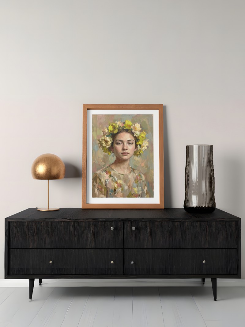 Tranh Chân Dung Cô Gái Và Hoa Tối Giản - Nghệ Thuật Độc Bản mockup