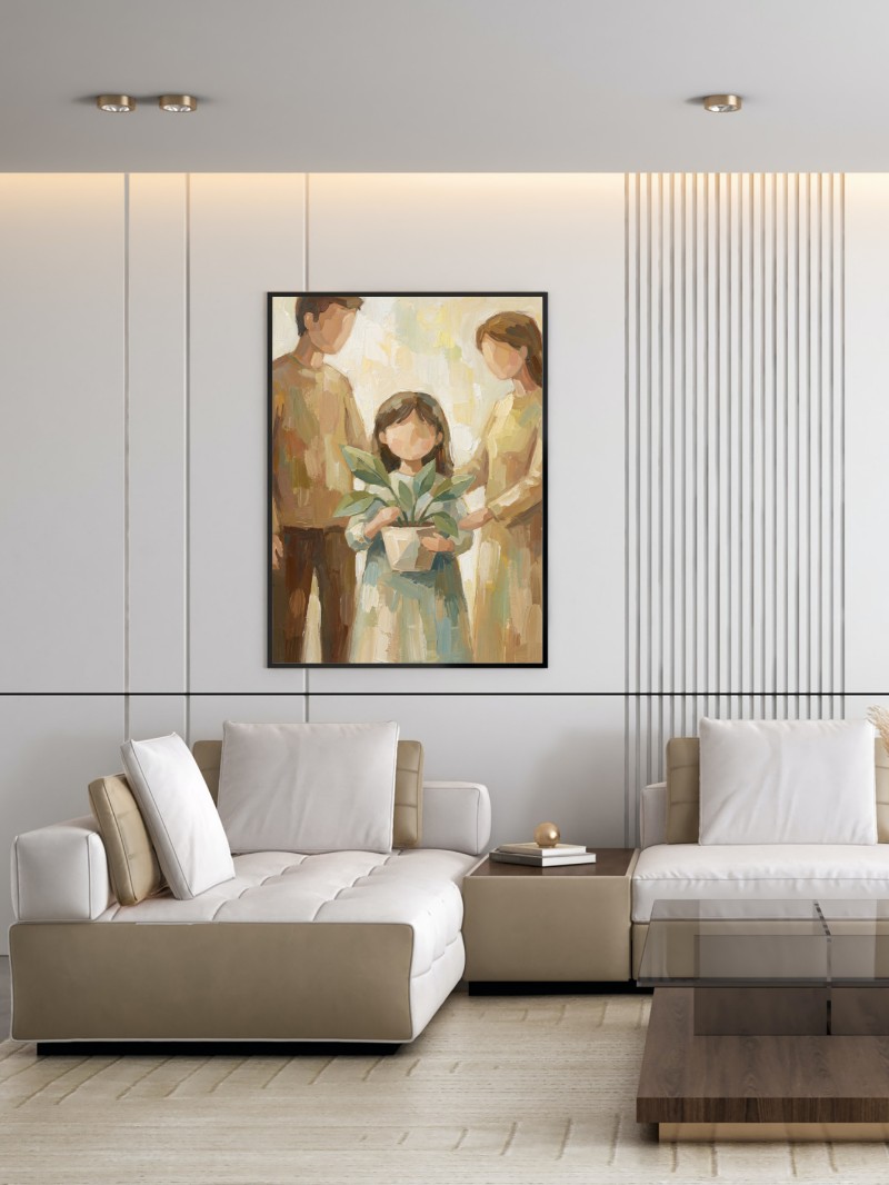 Tranh Sơn Dầu Trừu Tượng Cô Bé Và Chậu Cây - Nghệ Thuật Tối Giản mockup