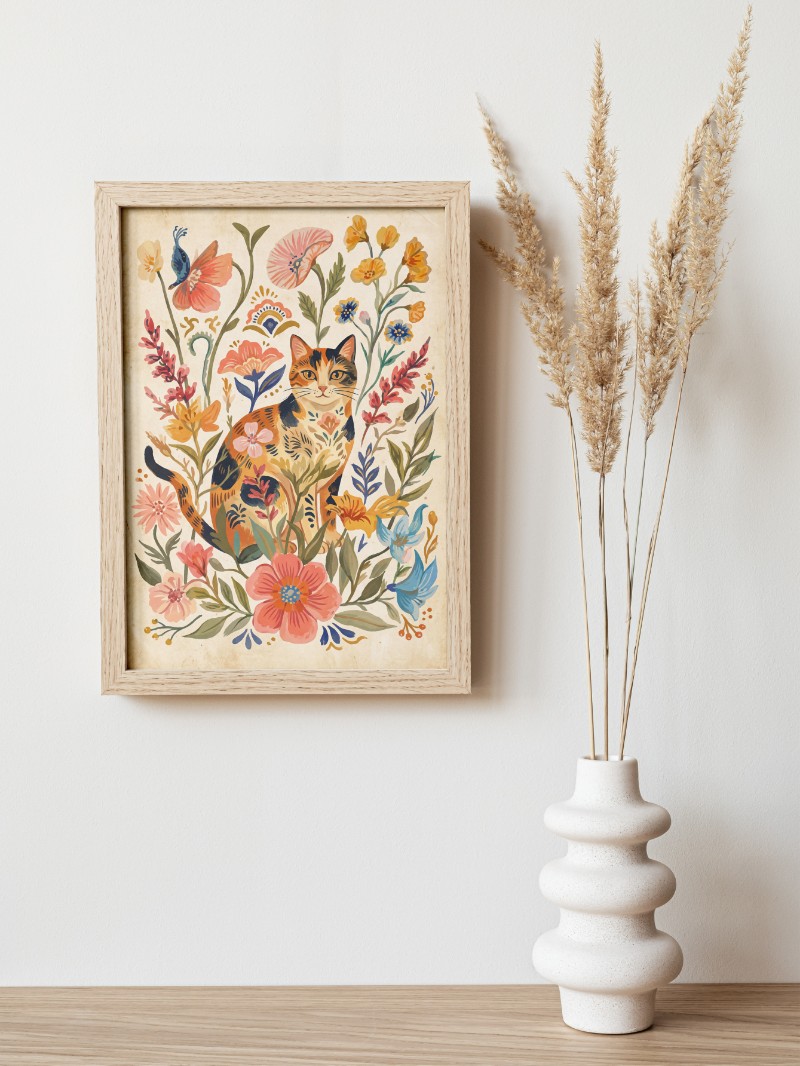 Tranh Con Mèo Nghệ Thuật Dân Gian Họa Tiết Hoa Lá Độc Bản mockup