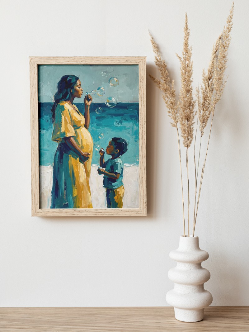 Tranh Trừu Tượng Phụ Nữ Mang Thai Thổi Bong Bóng Tối Giản mockup