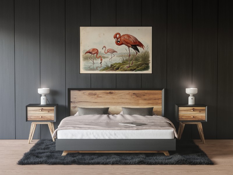 Tranh Vintage Chim Hồng Hạc Mỹ mockup